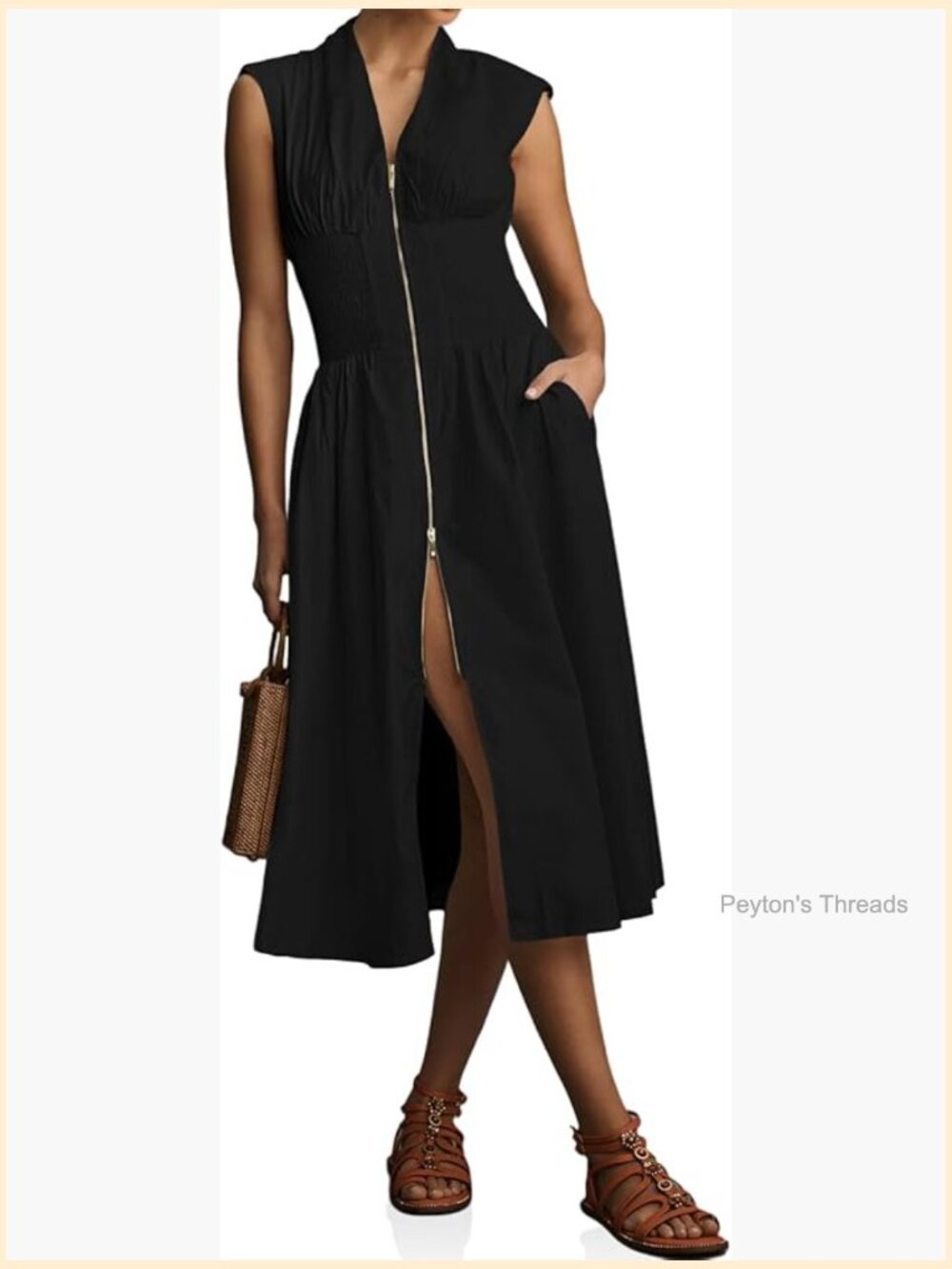 Smocked Midi Dress V Neck Cap Sleeve High Slit Flowy Casual Zipper Dress - Picture 1 of 7